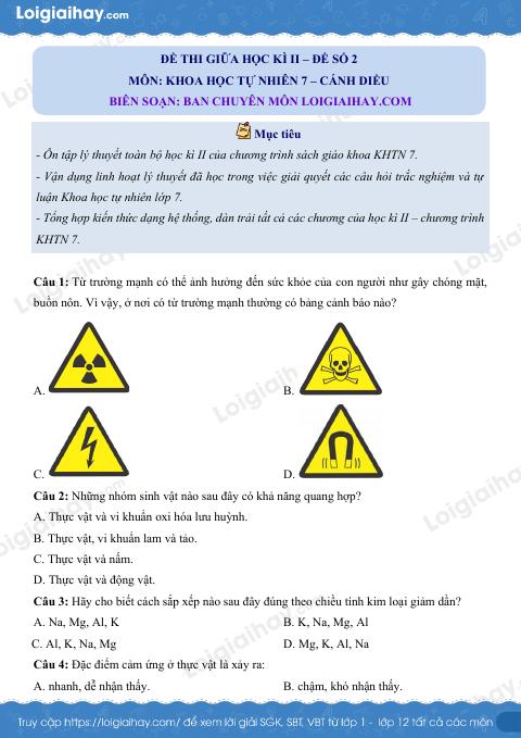Đề thi giữa kì 2 KHTN 7 Cánh diều - Đề số 2